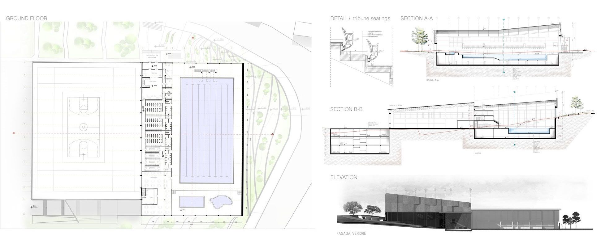 Ground floor, sections and tribune seating detail